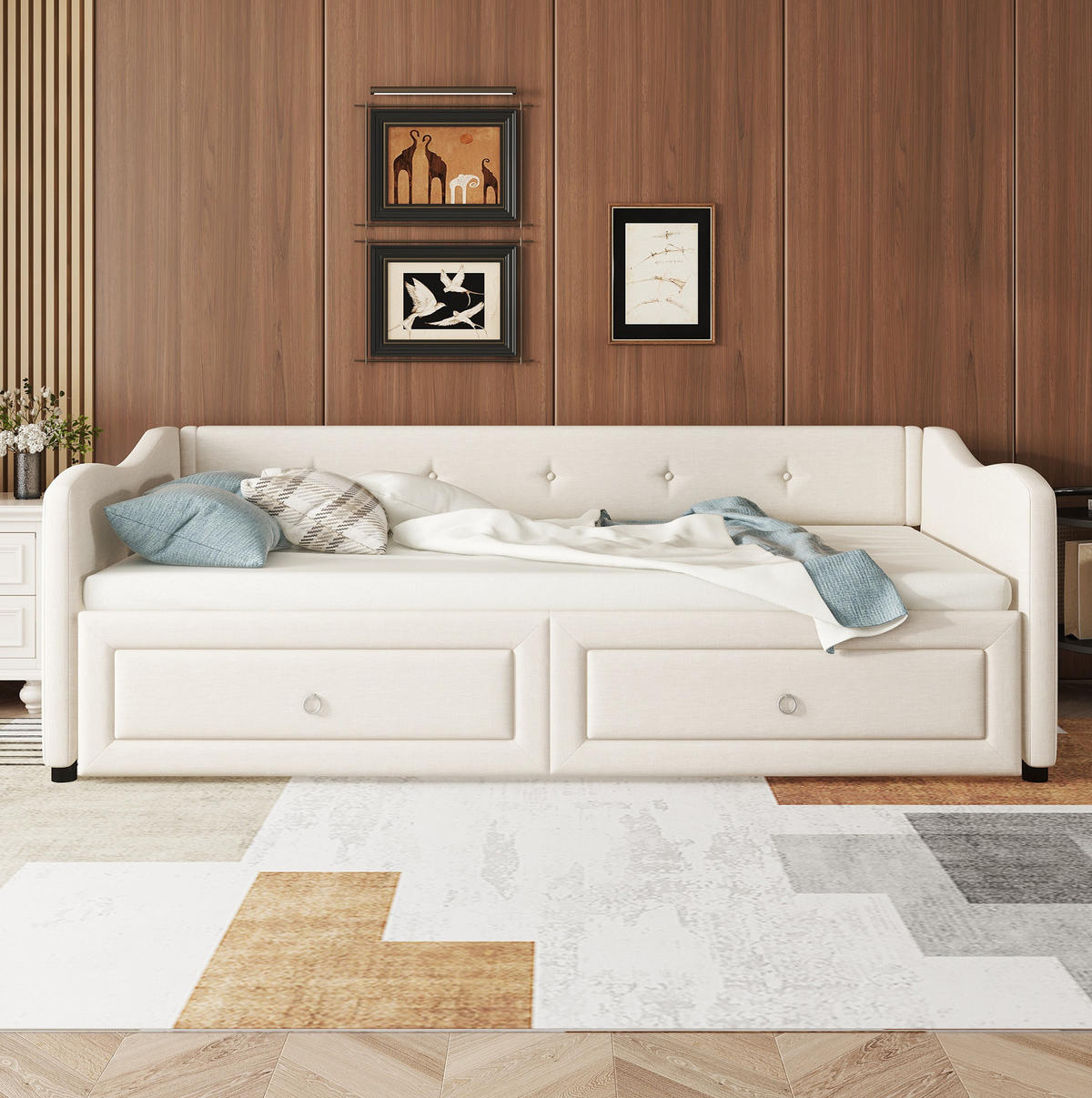 TAGESBETT 90/200 cm mit ausziehbarem Rollbett, 2 Schubladen und Leinenbezug, Beige - Beige, Textil (90/200cm) - Redom
