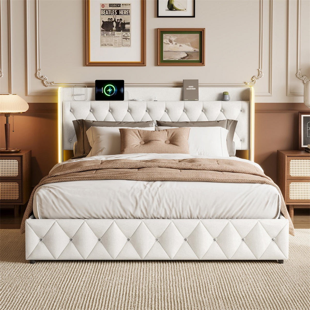 POLSTERBETT 140x200 cm - Doppelbett mit hydraulischem Stauraum und LED - ohne Matratze - Beige - Beige, Textil (140/200cm) - DELFA