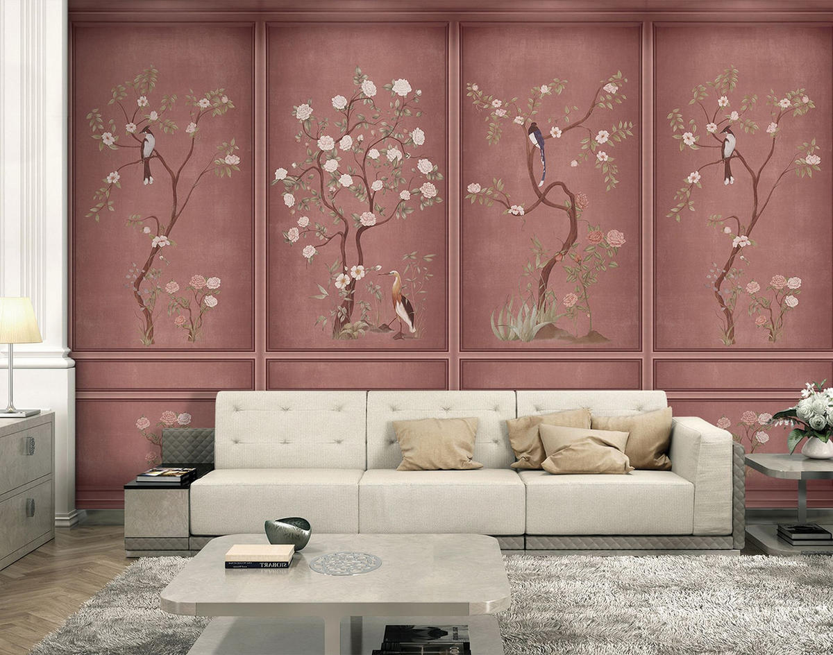 FOTOTAPETE Blumen und Vögel 318 x 280 cm - Pink, Papier (318/280cm) - Sanders & Sanders