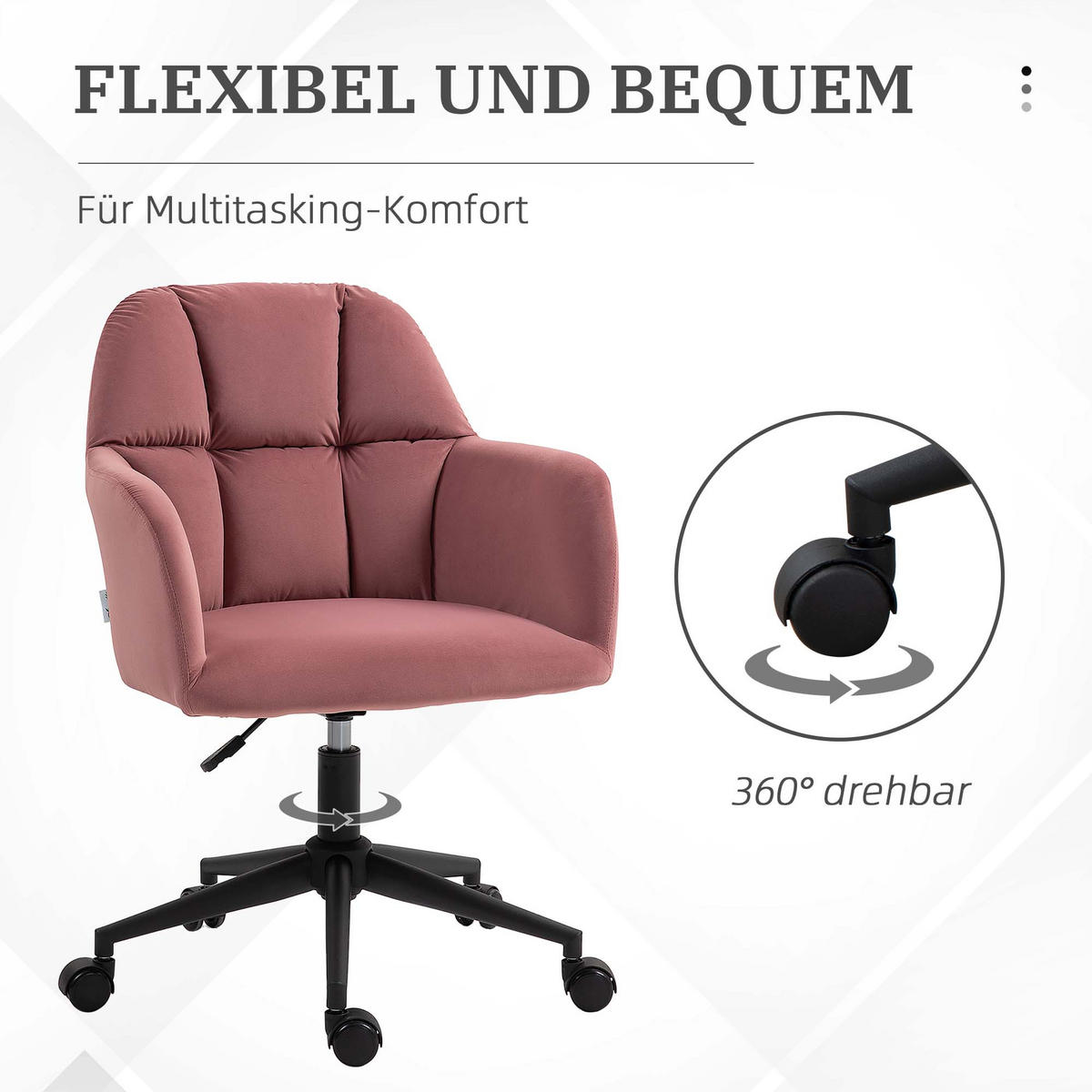 BÜROSTUHL, Höhenverstellbarer Schreibtischstuhl mit Samtoptik, Rückenlehne - Rosa, Kunststoff (58.5/86/58cm) - Vinsetto