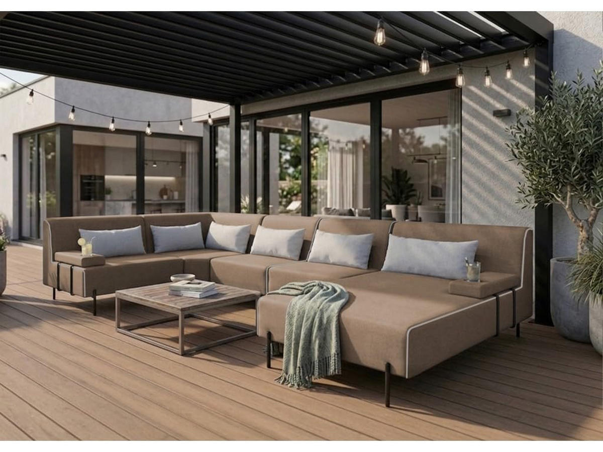 GARTENSOFA BORNEO XL Wetterfest 370x222x86 cm, Links, Solide Konstruktion, HR-Schaumfüllung, Wetterfeste Bezugstoff, Beige - Beige, Holz/Metall (370/86/222cm) - Trada