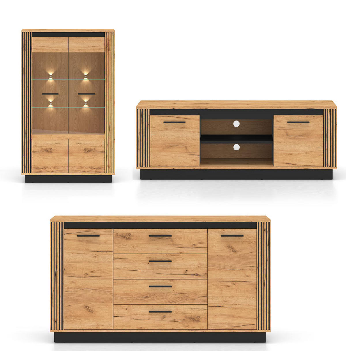 WOHNZIMMER-SET Urso 3-teilig Gold Craft Eiche / Schwarz - Eichefarben/Schwarz, Holz/Holzwerkstoff (402/141/40cm) - Feldmann-Wohnen