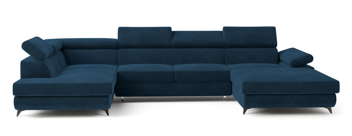 WOHNLANDSCHAFT RUBANO L-S Blau Velours-Stoff mit Schlaffunktion - Blau, Holz (339/89/190cm) - MASSENO