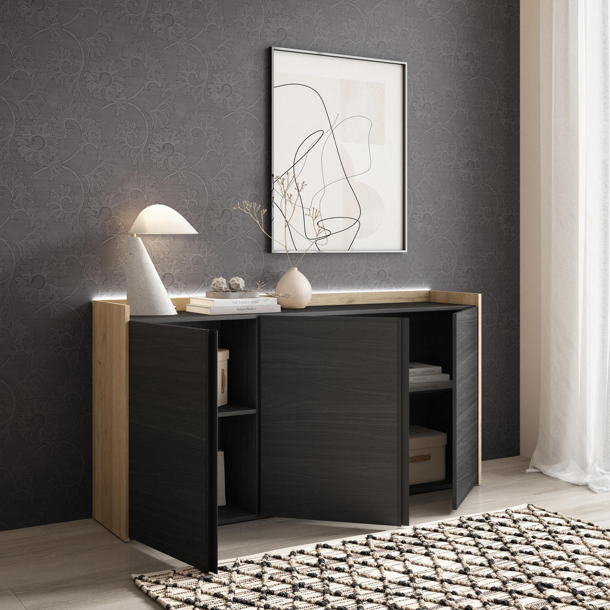 SIDEBOARD, Schwarz und Eiche, 156/35/80cm, mit Led - Schwarz, Holzwerkstoff (156/80/35cm) - Skraut Home