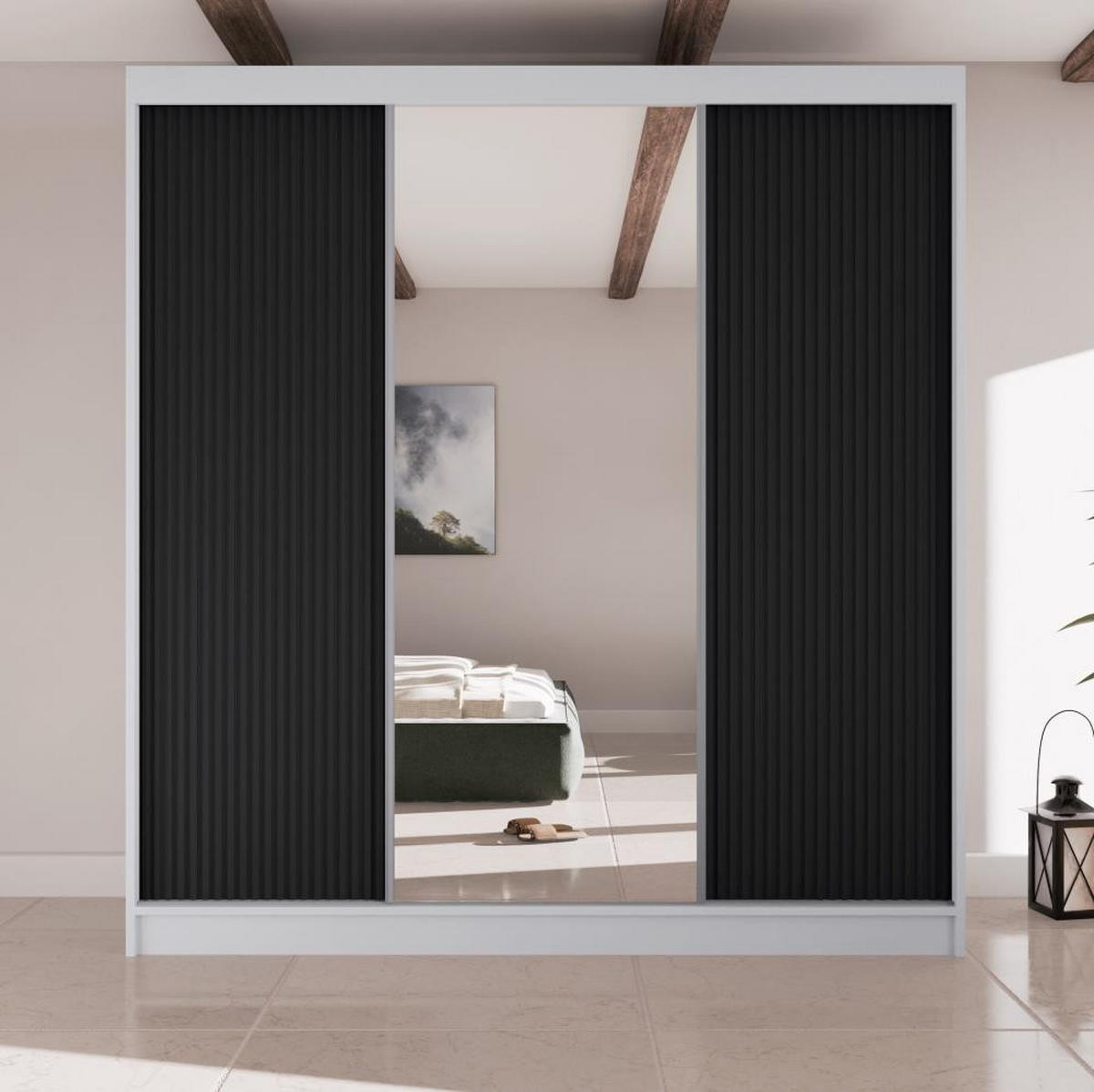 SCHWEBETÜRENSCHRANK Ramos II 200/61/215 eiche weiß+schwarz - Schwarz/Weiß, Holzwerkstoff (200/215/61cm) - Beautysofa