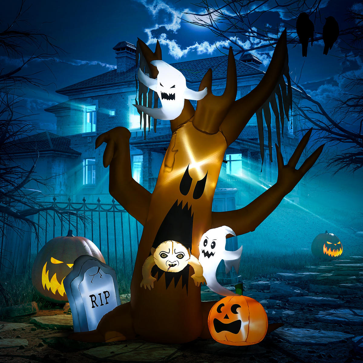240 cm Aufblasbarer Geisterbaum, Halloween-Dekoration mit LED Beleuchtung - Multicolor, Kunststoff (90/240/200cm) - HOMCOM