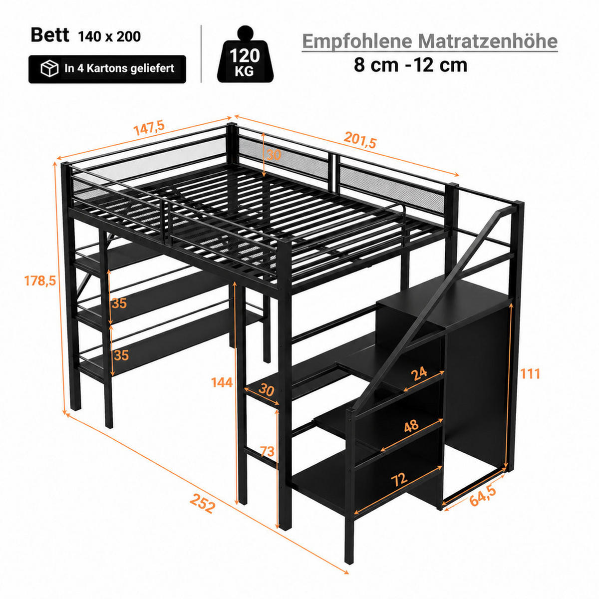 HOCHBETT 140/200 cm Schwarz mit LED-Lichtleiste, Ablagefach und Bücherregal - Schwarz, Metall (140/200cm) - Oxeza