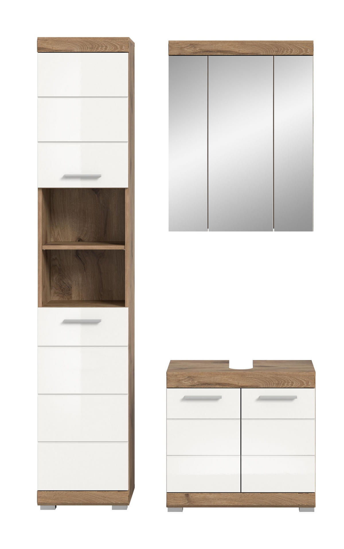 BADKOMBINATION 3tlg. Wave Bad in Nox Oak Nachbildung und weiß hochglanz B/H/T: 112x191x34 cm - Eichefarben, Holz (112/191/34cm)