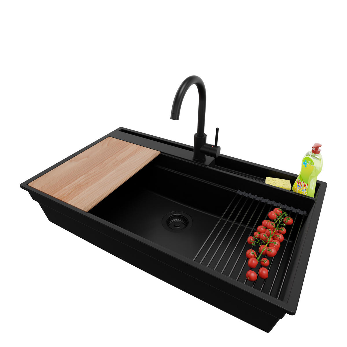 GRANITSPÜLE Oslo Pocket, 2-er set Alles Schwarz 88/53 cm 1 Becken + Küchenarmatur 32/20 cm + Ablauf-Set + Küchenzubehörset ab 90er Unterschrank - Beige/Schwarz, Kunststoff (88/20/53cm) - Primagran