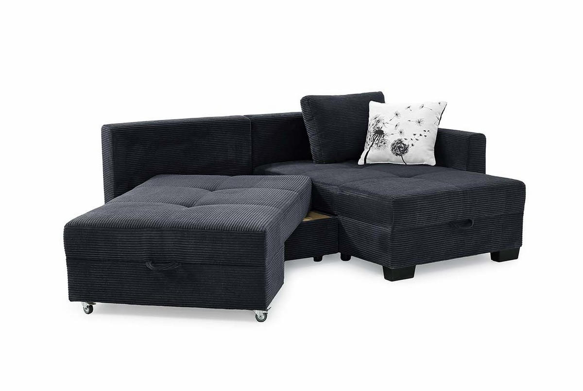 ECKSOFA Doppelbett mit Bettkasten, seitenverkehrt montierbar B247/T155/H87 cm, Liegefläche 183x207 cm, Cord Schwarz / 15216 - Schwarz, Kunststoff/Textil (247/155cm) - luma-home