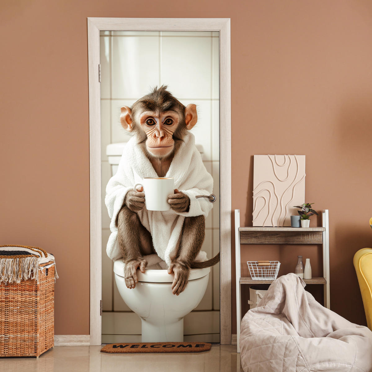 TÜRAUFKLEBER Selbstklebend - Affe - Modern - WC - Bademantel 95x235 cm - Türtapete - Rosa, Kunststoff (95/0.1cm) - MuchoWow