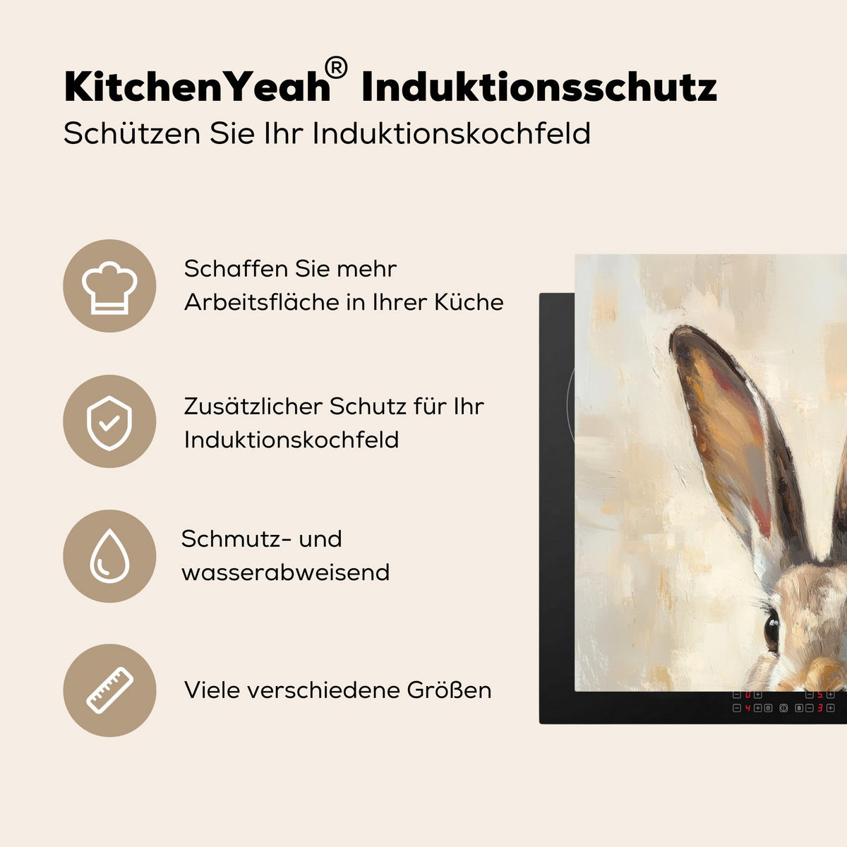 HERDABDECKPLATTE Hase - Ohren - Braun Herdabdeckung Induktionsfeld 60x52 cm - Beige, Kunststoff (60/52/0.2cm) - MuchoWow