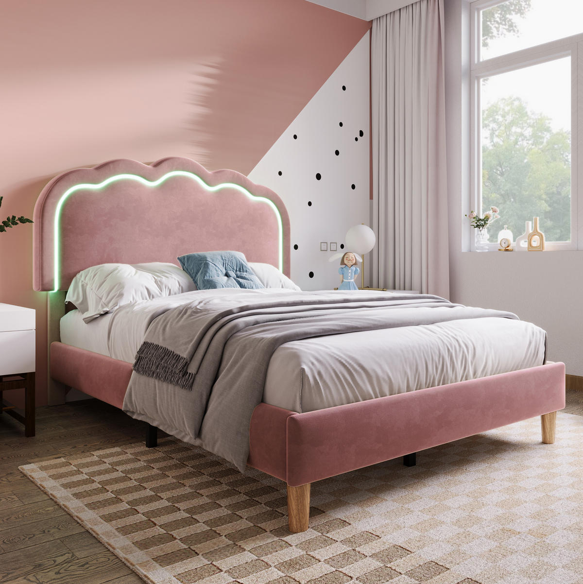POLSTERBETT mit LED und verstellbarem Kopfteil 90x200 cm Samt Rosa - Pink, Metall (90/200cm) - Beauniv