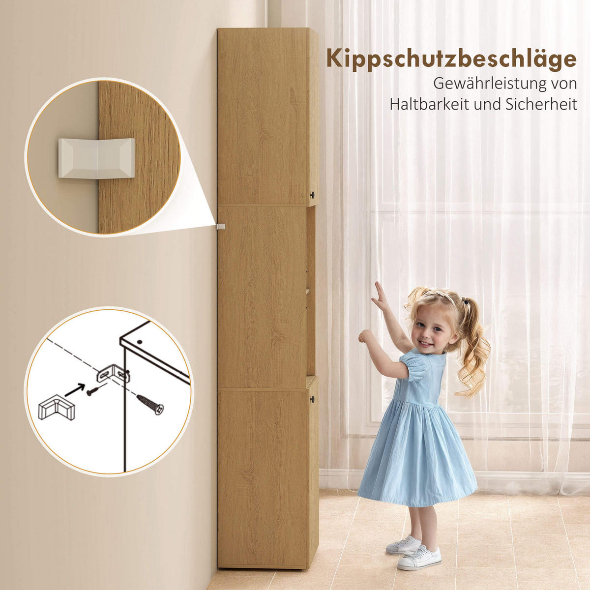 BADEZIMMERSCHRANK hoch schmal mit 2 Türen Verstellbaren Ablagen offenen Fächern - Eichefarben/Schwarz, Holzwerkstoff/Kunststoff (31/182/40cm) - HOMCOM