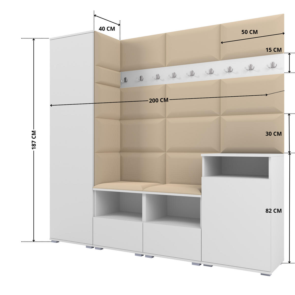 GARDEROBE NELA X 200 cm (Modulare Flurmöbel Weiß mit Sitzpolster Beige 04 Schrank + Sidelboard) - Beige/Silberfarben, Holz/Holzwerkstoff (200/187/40cm) - Ravio