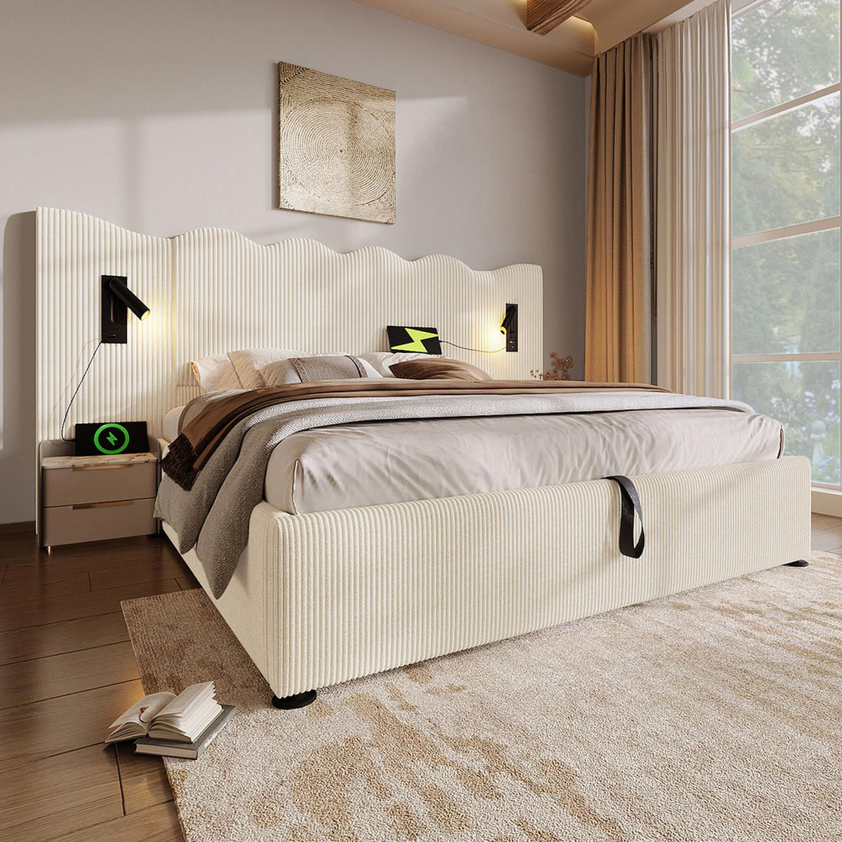 POLSTERBETT 180x200cm Doppelbett Leselampe USB-C Stauraum Beige-Weiß Cord - Beige, Holz - FLIEKS