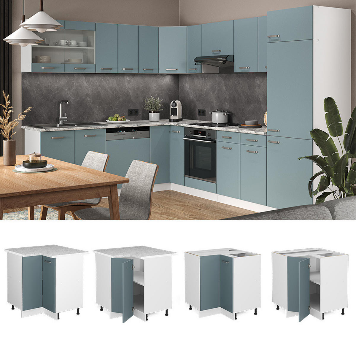 ECKUNTERSCHRANK R-Line Blau-Grau 75.6 cm, AP Eiche - Blaugrau/Weiß, Holzwerkstoff (75.6/81.6/60cm) - Vicco