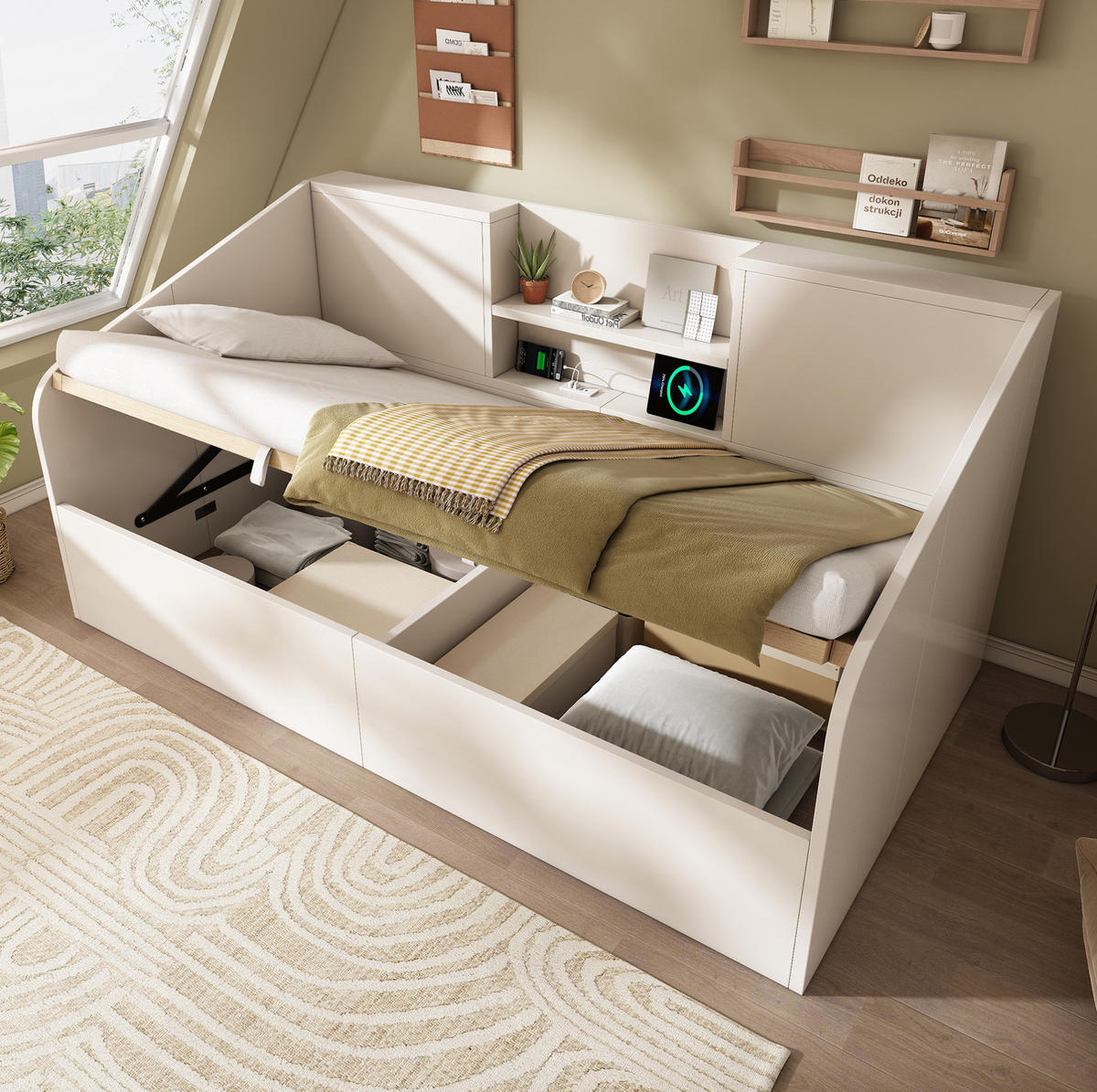 POLSTERBETT 90/200 cm in Weiß mit Bettkasten und USB- und Type-C-Anschlüssen - Weiß, Textil (90/200cm) - Flora Grace