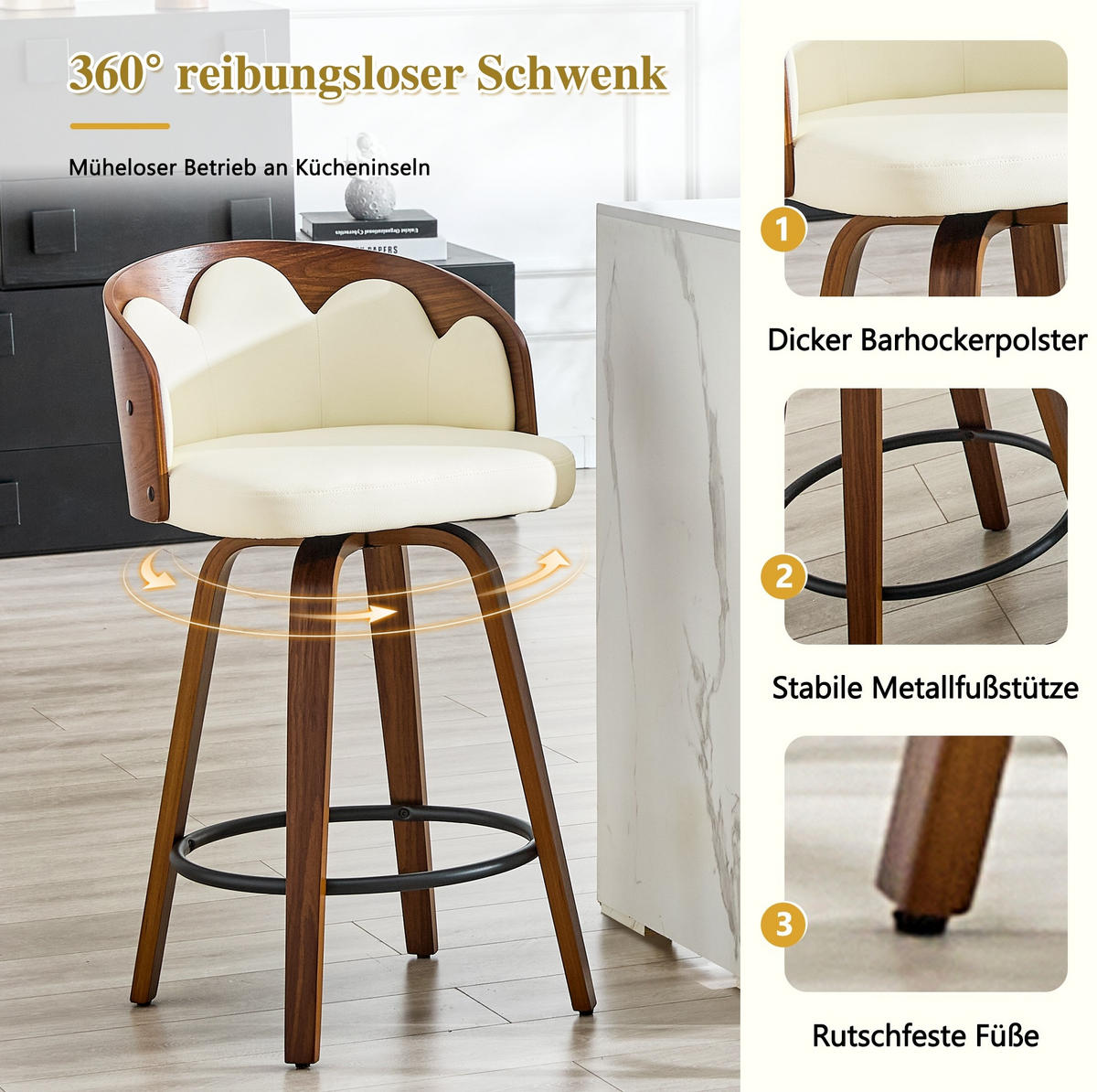 BARHOCKER 2er-Set mit Blüten-Rückenlehne, Bugholz, PU-Leder, Weiß - Weiß, Holz (41.5/89/46.5cm) - Meubliv