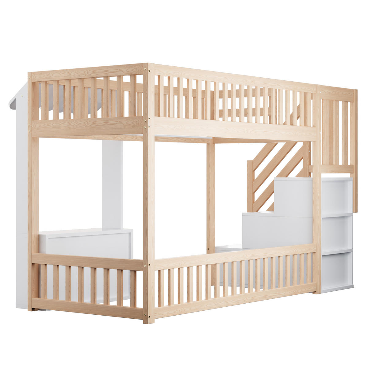 HOCHBETT aus Kiefernholz, Sperrholz und MDF 90x200 cm Holzfarbe mit Stauraumtreppe, LED-Lichtleiste und Stauraum - Naturfarben, Holz (90/200cm) - Modfu