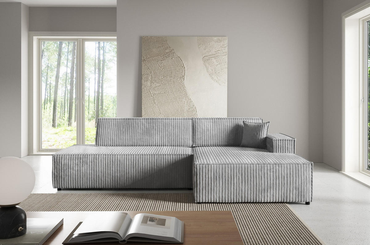 ECKSOFA TESSO R-S Grau Kordstoff mit Schlaffunktion - Grau, Holz (247/170cm) - MASSENO