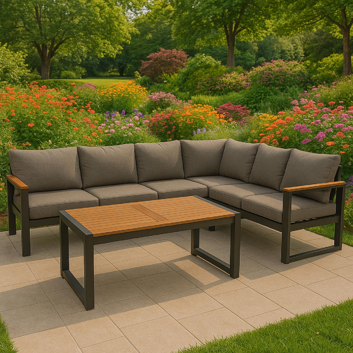 ECK-DININGSET Crawley (1x 3-sitzer Bank 187x65x71cm, 1x 3-sitzer Lounge mit Liegefunktion 187x65x71cm, 1x Tisch 140x70cm Tischplatte Akazie - Grau, Metall - TPFGarden