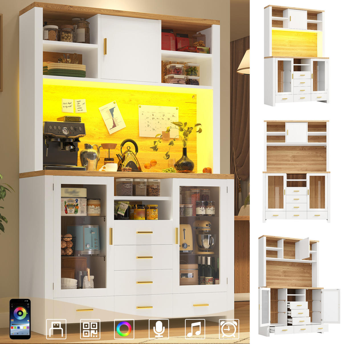 BUFFETSCHRANK mit LED-Lichtleiste 120 x 40 x 188 cm Weiß Holzoptik - Weiß, Glas (40/188/120cm) - Meubliv