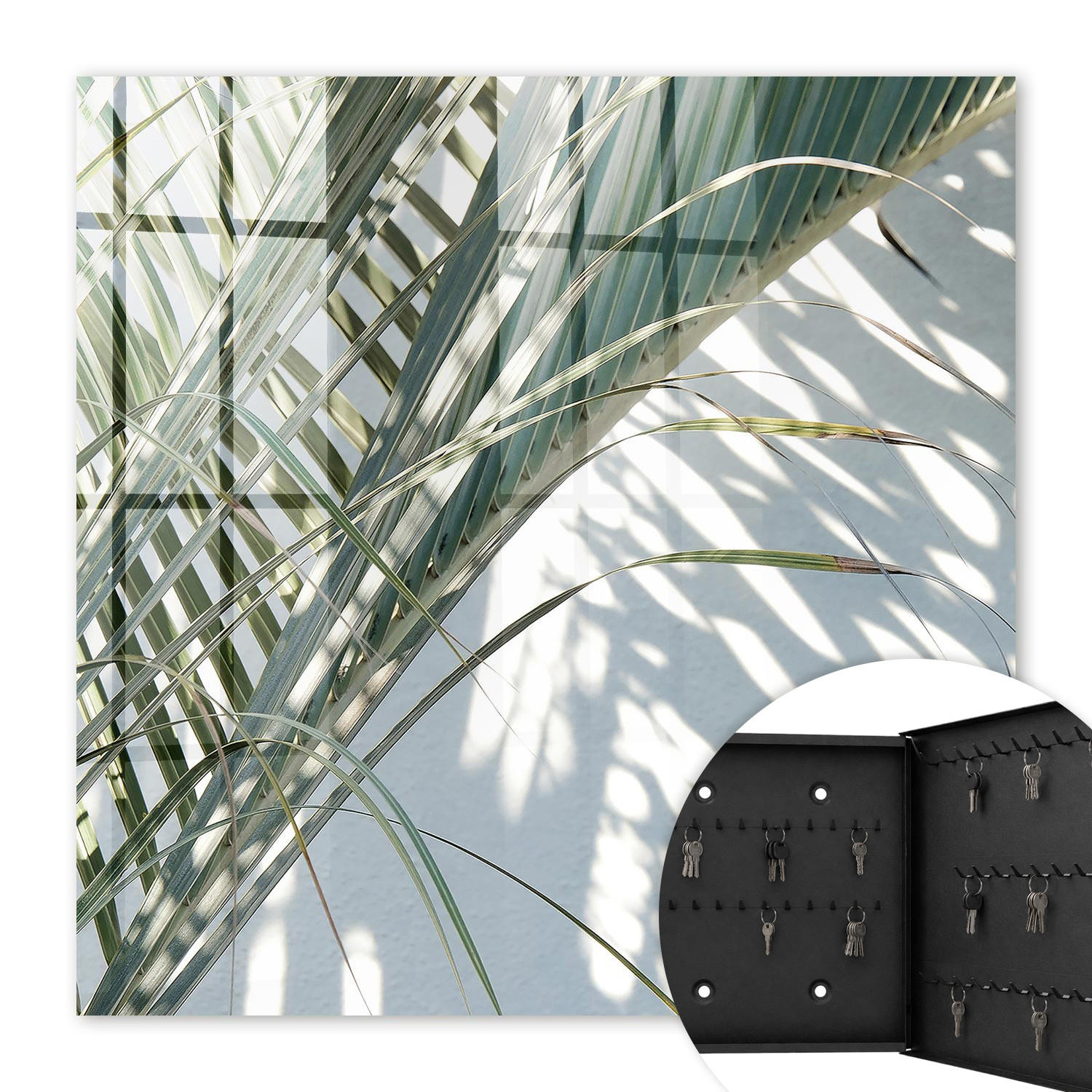 SCHLÜSSELBOX Schwarz 30x30 cm- Türöffnung nach rechts - Palmen und Schatten - Weiß, Metall (30/30/5cm) - TULUP
