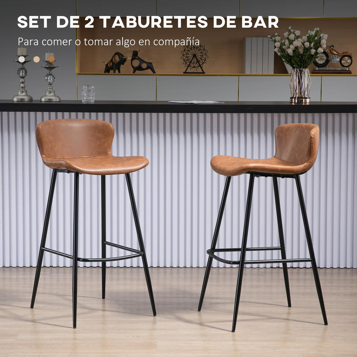 BARHOCKER, 2er-Set, PU-Bezug, Rückenlehne, Traglast 120kg, Küchenhocker, Braun - Multicolor, Holzwerkstoff (45/94.6/49cm) - FORIOUS