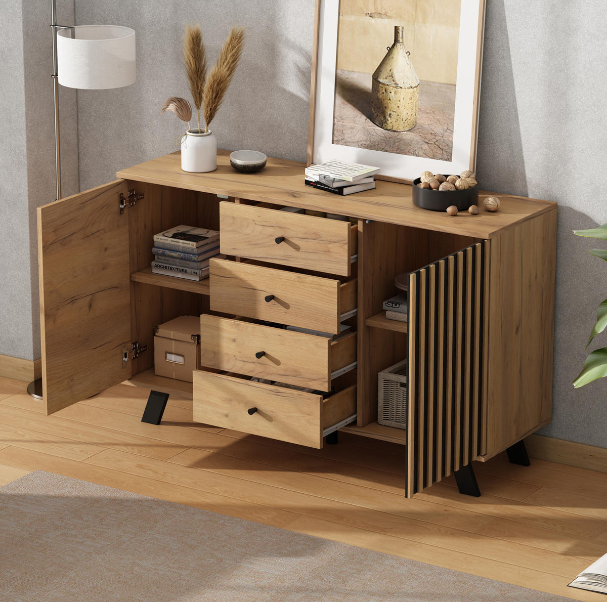 SIDEBOARD aus MDF 120x38x75 cm Schwarz/Naturholz mit 4 Schubladen und 2 Schränken - Schwarz, Holzwerkstoff (120/75/38cm) - IVMEU