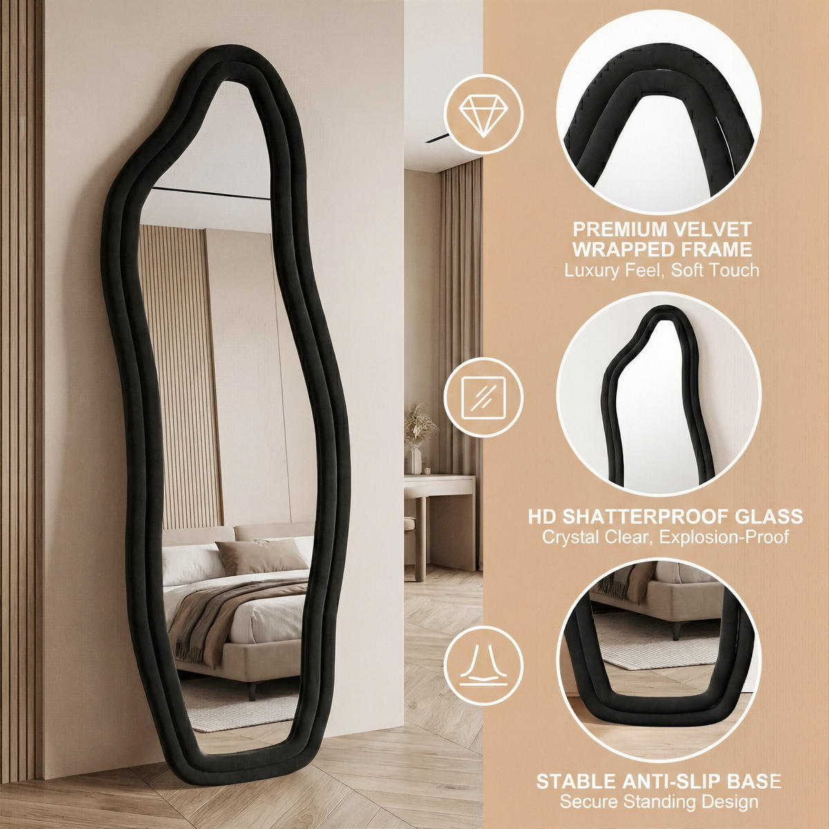 GANZKÖRPERSPIEGEL Wellen-Design mit U-Standfuß & Scharnier 160/50 cm Schwarz - Schwarz, Glas/Holzwerkstoff (50/160/3cm) - Creahappy