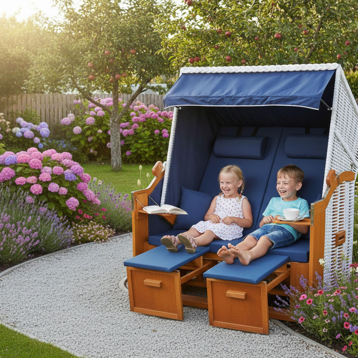 STRANDKORB Ostsee 2-Sitzer PE weiß - Blau/Braun, Metall (120/160/80cm) - Mr. Deko