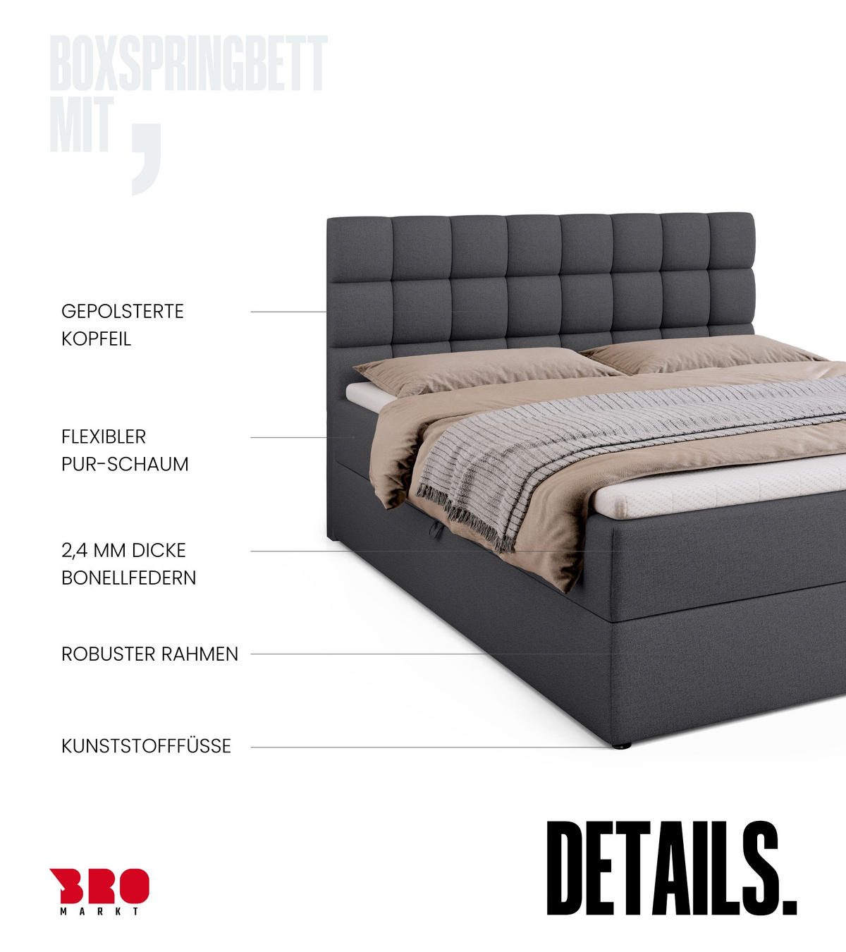 BOXBETT Dakota mit Topper 160/200 Dunkelgrau - Dunkelgrau, Textil (160/200cm) - Bromarkt