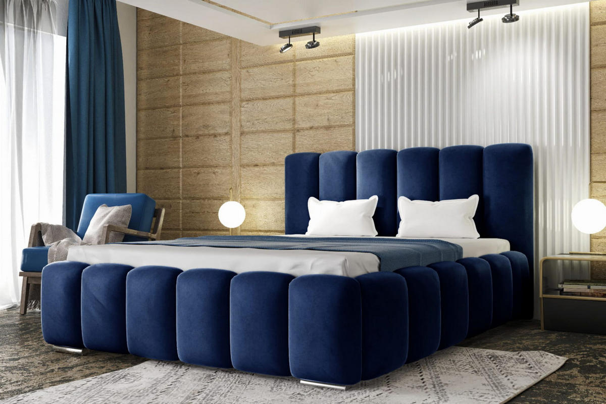 POLSTERBETT BARON mit Kopfteil, 180 x 200 cm, Doppelbett mit Bettkasten und Lattenrost aus Metall, Velourstoff, Frabe: Blau - Blau, Holz/Kunststoff (180/200cm) - Agmat-Furniture