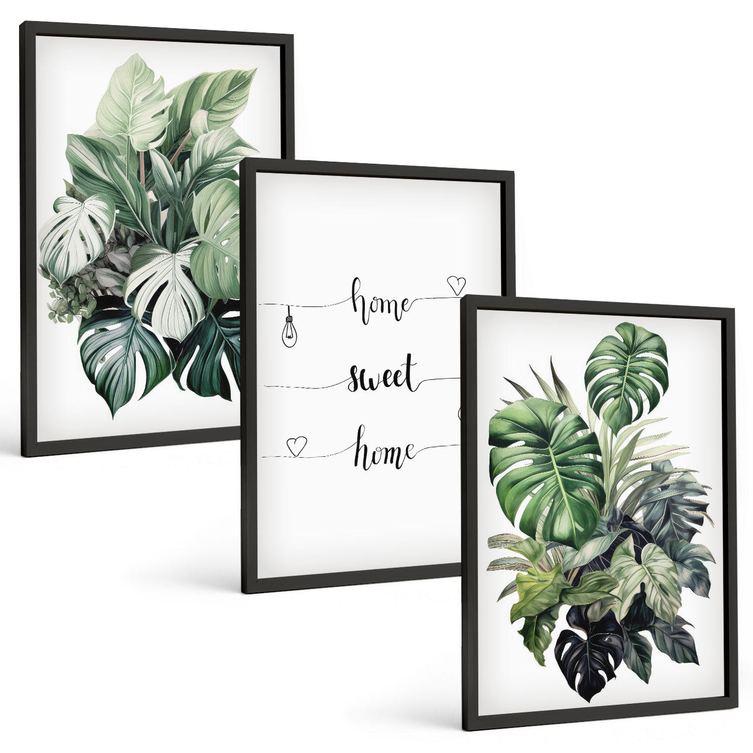BILDER SET 3er Set - 40x60 cm Schwarzer Rahmen - Aquarell-Monstera-Blätter - Schwarz, Kunststoff (40/60cm) - TULUP