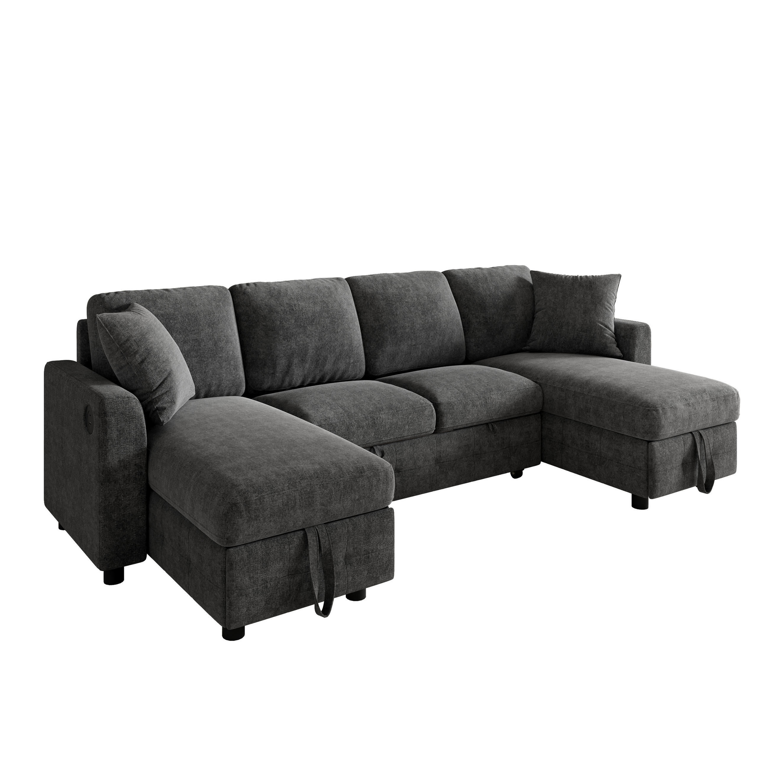 SCHLAFSOFA in U-Form mit Stauraum-Chaiselongues, USB und Type-C aus Chenille - Dunkelgrau, Textil (260/82/128cm) - EVRYAE