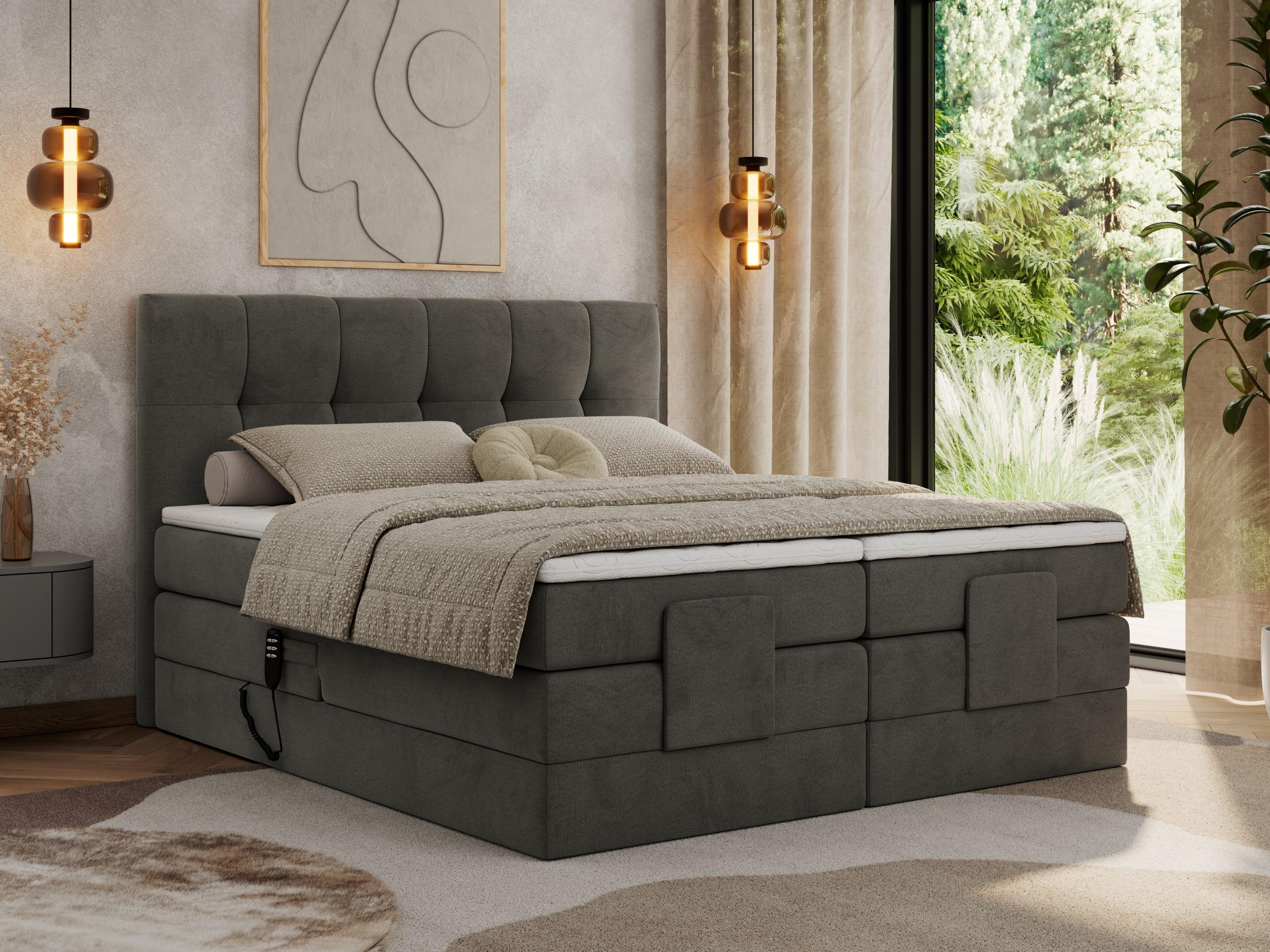 Thumbnail - MKS Boxbett, Dunkelgrau, Textil, 2-Sitzer, H4, 7-Zonen, Rechteckig, 160x200 cm, Schlafzimmer, Betten, Boxspringbetten