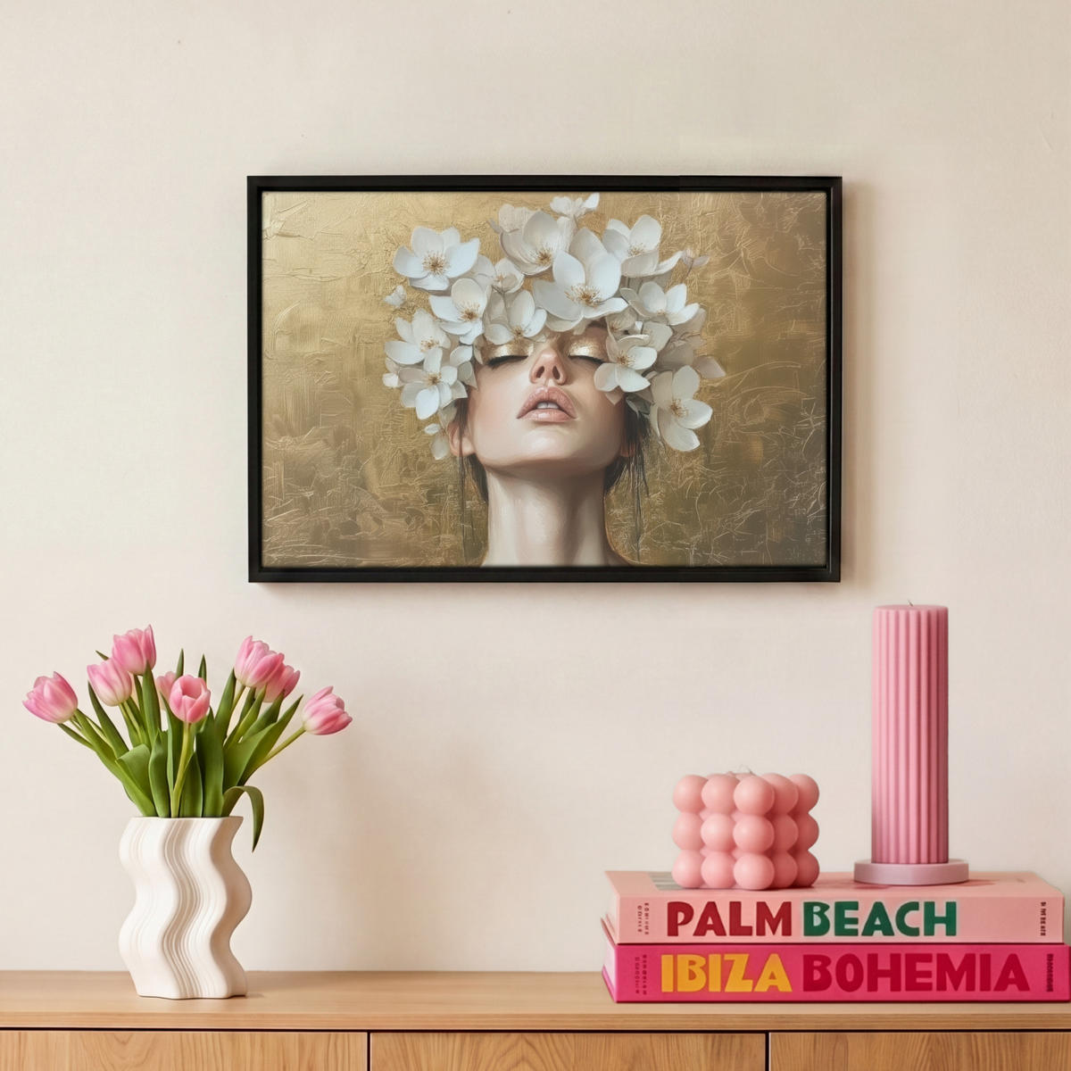 LEINWAND Bilder mit Rahmen - Gesicht - Blumen - Gold - Abstrakt - 30x20 - Goldfarben, Textil (30/20cm) - MuchoWow