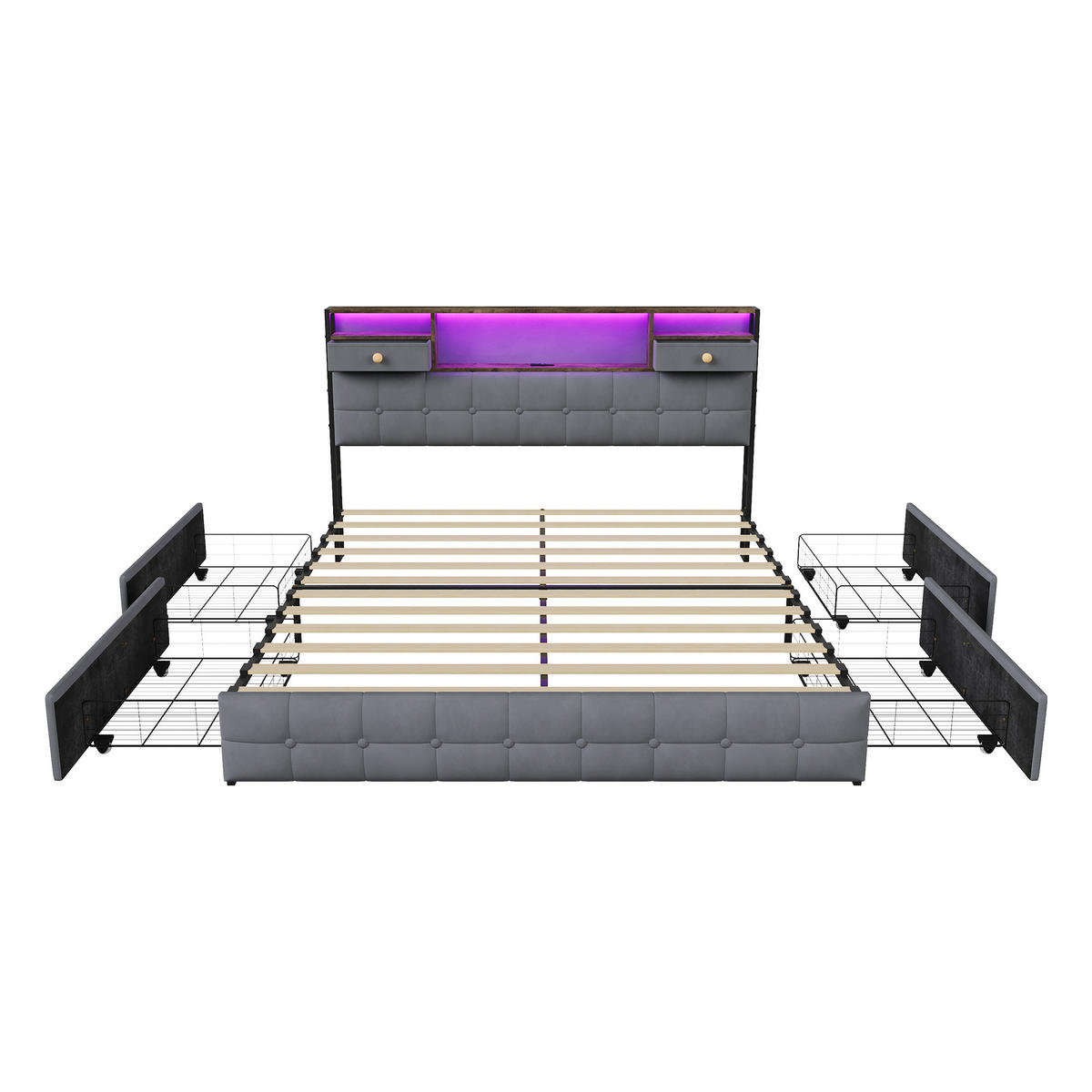 POLSTERBETT 140/200 cm mit Stauraum-Bettkasten, Holz-Ablagekopfteil mit Schubladen, LED & USB, Velours-Bezug - Grau, Holz/Metall (140/200cm) - Joyfair