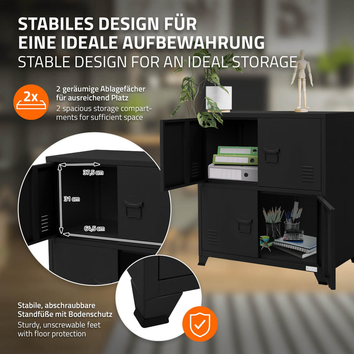 AKTENSCHRANK 75x40x80,5 cm Schwarz aus Stahl - Schwarz, Metall (40/80.5/75cm) - ML-DESIGN