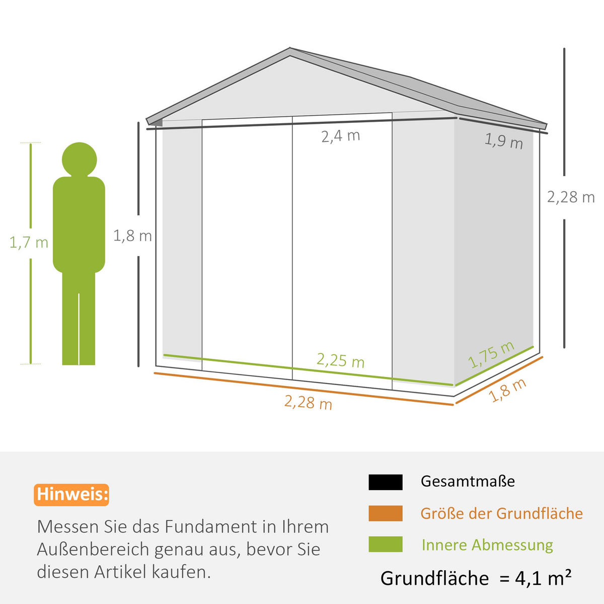 GERÄTEHAUS 4,1m², Geräteschuppen mit Satteldach, 240 x 190 x 228 cm, Kunststoff - Hellgrau, Kunststoff (190/228/240cm) - Outsunny