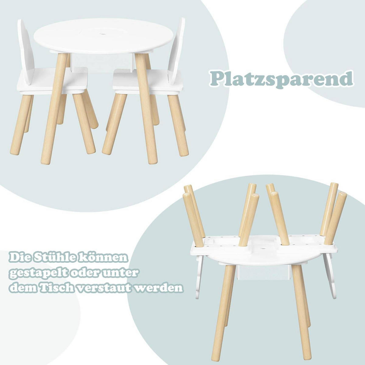 KINDERSITZGRUPPE runder Tisch, Weiß - Naturfarben/Weiß, Holz/Holzwerkstoff (52/44/52cm) - Woltu