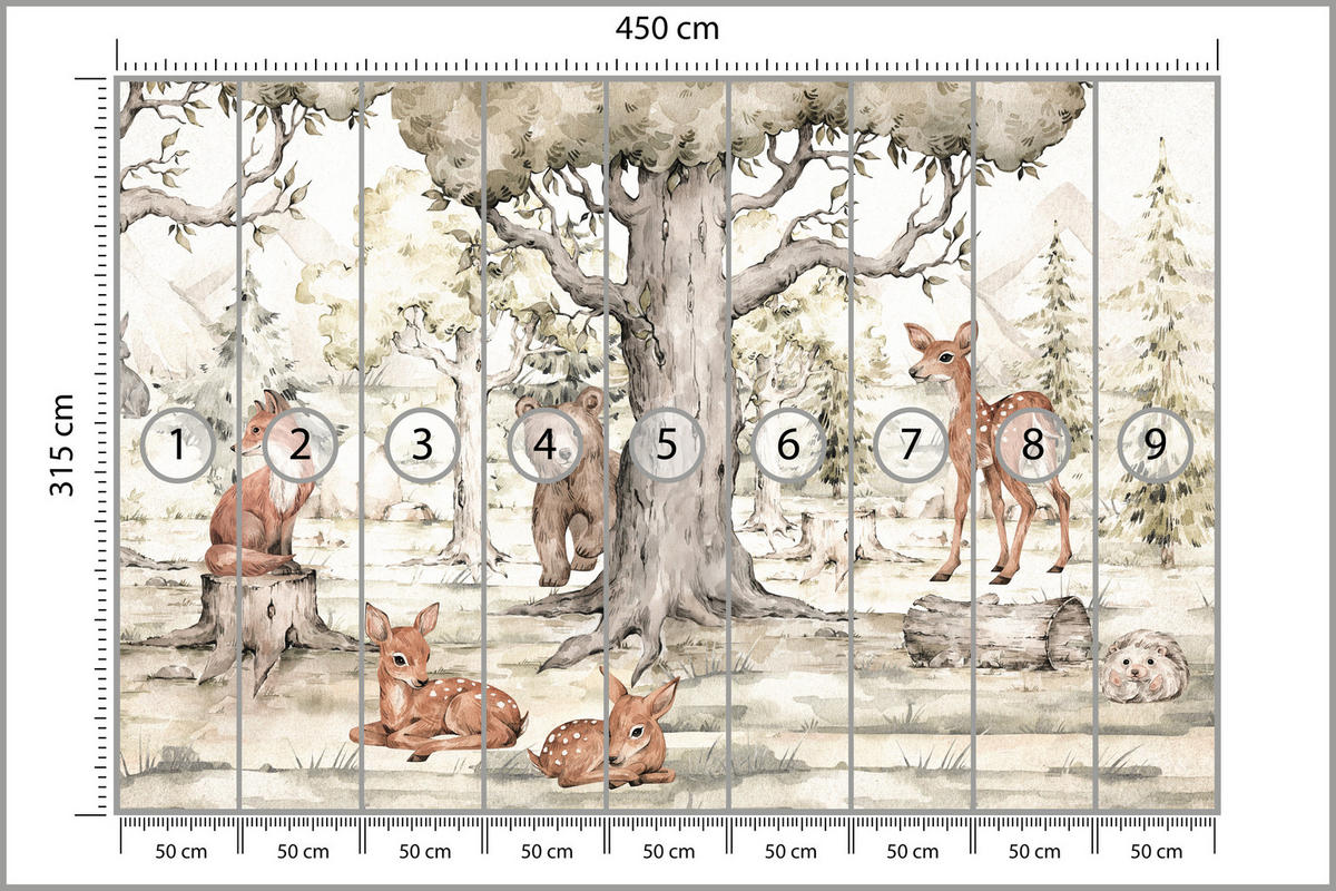 FOTOTAPETE für Kinderzimmer Waldtiere Aquarell Bär Fuchs Reh Bäume 450x315 - Beige/Orange, Papier (450/315cm) - Muralo