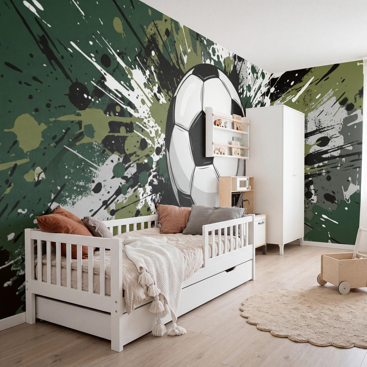 KINDERTAPETE - Fußball - Farbe - Spritzer - Grün - 500x200 cm - Dunkelgrün, Papier (500/200cm) - OnlyWow