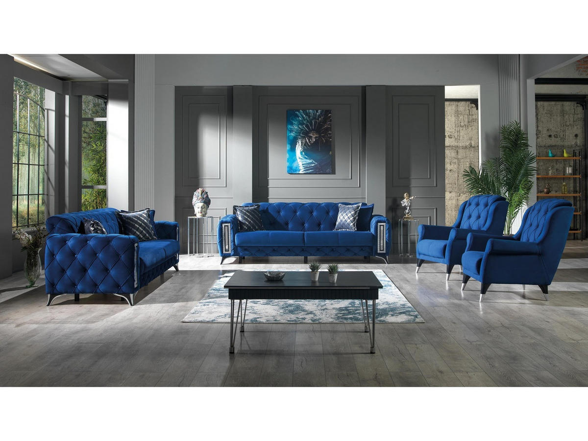 SITZGARNITUR Rosario, Blau Stellvariante 2+2+1 - Blau, Holzwerkstoff/Kunststoff (160/80/100cm)