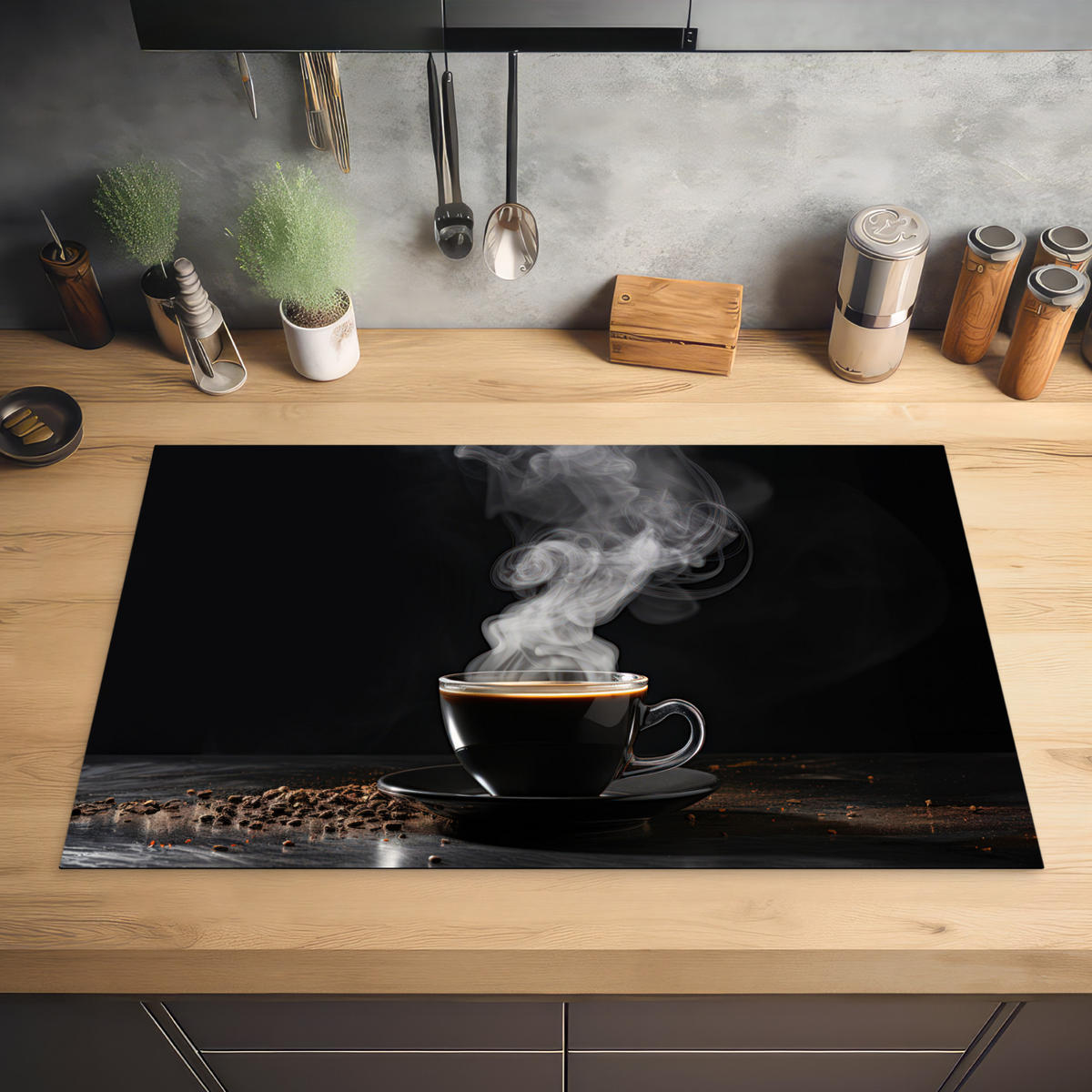 HERDABDECKPLATTE Kaffee - Schwarz - Bohnen - Heiß - Tasse Ceranfeldabdeckung 85x52 cm - Schwarz, Kunststoff (85/52/0.2cm) - MuchoWow