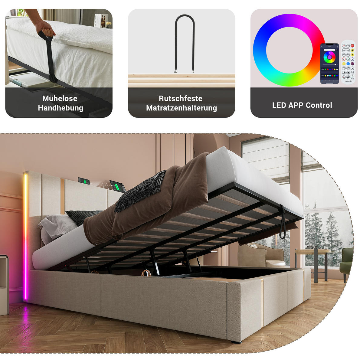 POLSTERBETT 180/200 cm in Beige Leinen mit Bettkasten, LED und USB/Type-C - Beige, Holzwerkstoff/Textil (180/200cm) - WISHDOR