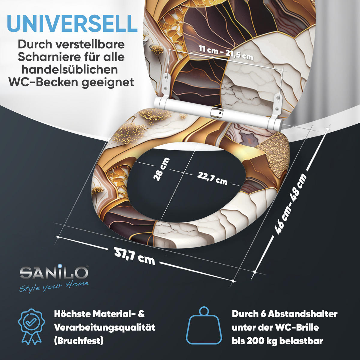 WC-SITZ mit Absenkautomatik & Top Fix Marmor Gold - Weiß, Holzwerkstoff (37.7/5/48cm) - Sanilo