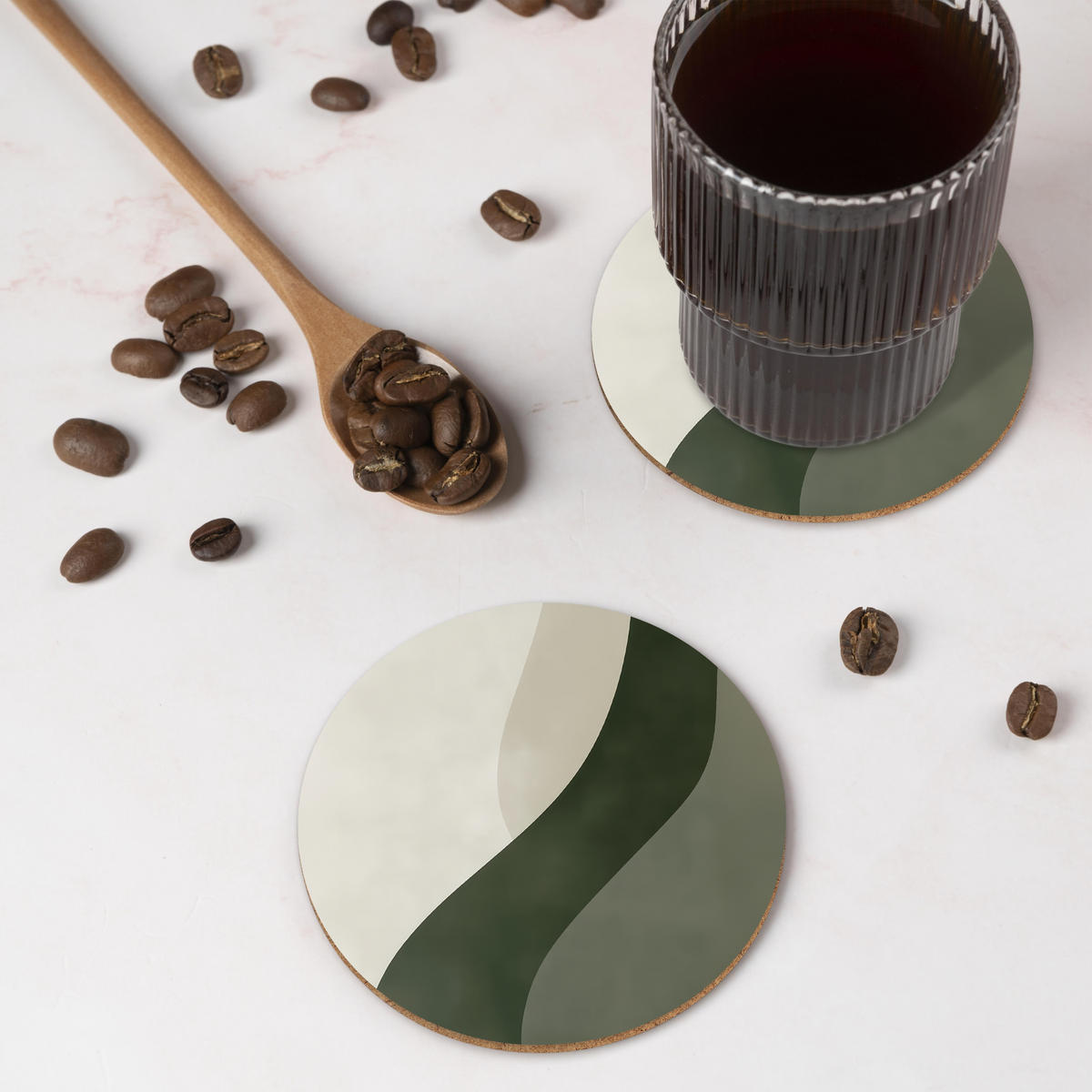 GLASUNTERSETZER 6er-Set Rund Japandi - Grün - Abstrakt - Modern 10x10 cm - Salbeigrün, Naturmaterialien (10/0.2cm) - MuchoWow