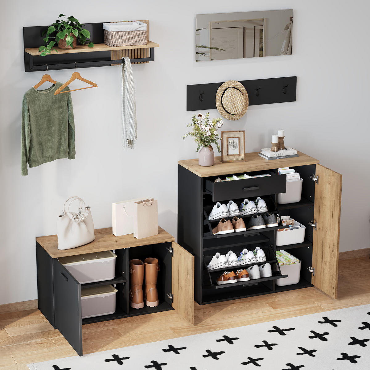 GARDEROBE-SET Spiegel Schuhschrank Schuhbank Kommode - Naturfarben, Holzwerkstoff (85/85/36cm) - FLIEKS